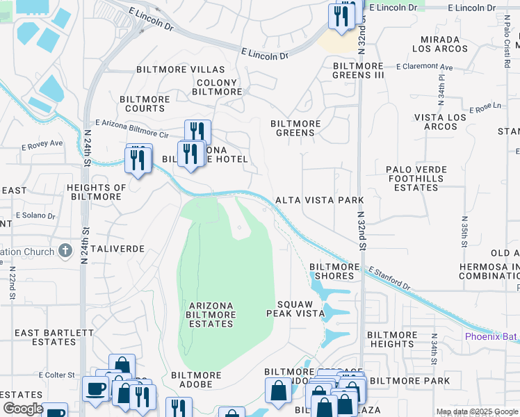 map of restaurants, bars, coffee shops, grocery stores, and more near 8 Biltmore Estates Drive in Phoenix