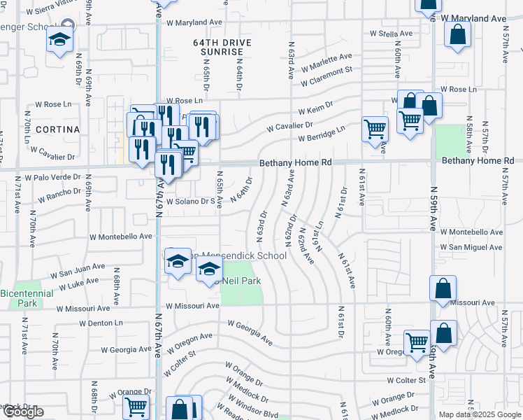 map of restaurants, bars, coffee shops, grocery stores, and more near 5712 North 63rd Drive in Glendale