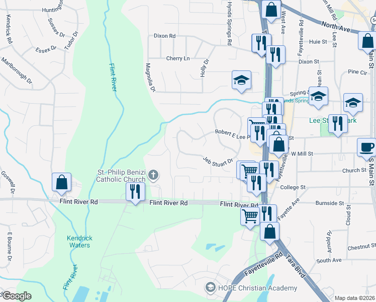 map of restaurants, bars, coffee shops, grocery stores, and more near 616 Robert E Lee Parkway in Jonesboro
