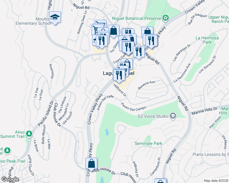 map of restaurants, bars, coffee shops, grocery stores, and more near 23732 Hillhurst Drive in Laguna Niguel