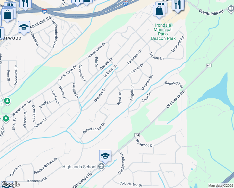 map of restaurants, bars, coffee shops, grocery stores, and more near 5175 Cornell Drive in Irondale