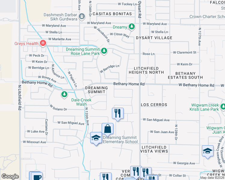 map of restaurants, bars, coffee shops, grocery stores, and more near 5920 North 132nd Drive in Litchfield Park