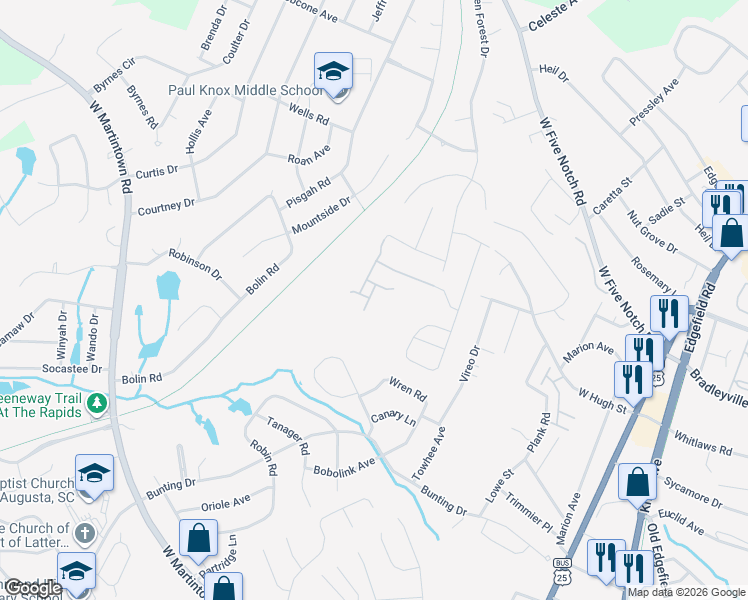 map of restaurants, bars, coffee shops, grocery stores, and more near 121 Cascade Drive in North Augusta