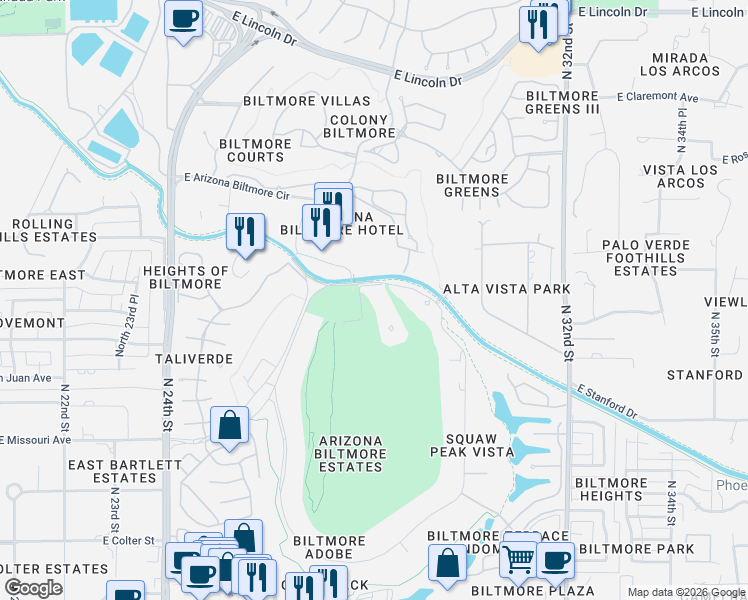 map of restaurants, bars, coffee shops, grocery stores, and more near 2 Biltmore Estates Drive in Phoenix