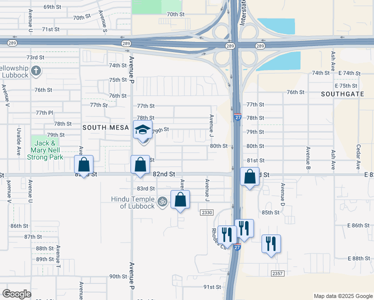 map of restaurants, bars, coffee shops, grocery stores, and more near 1128 80th Street in Lubbock