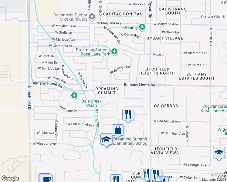 map of restaurants, bars, coffee shops, grocery stores, and more near 13304 West Palo Verde Drive in Litchfield Park