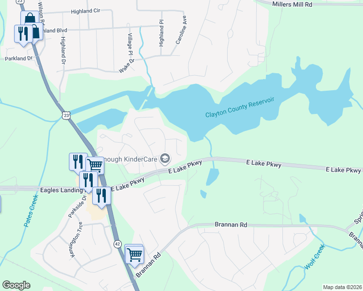map of restaurants, bars, coffee shops, grocery stores, and more near 508 Hawk Eye Court in McDonough