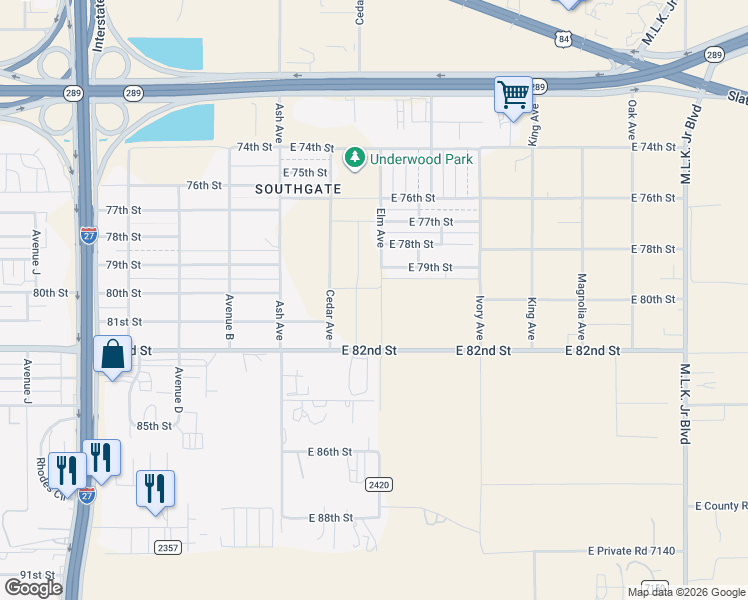 map of restaurants, bars, coffee shops, grocery stores, and more near 7602 Elm Ave in Lubbock