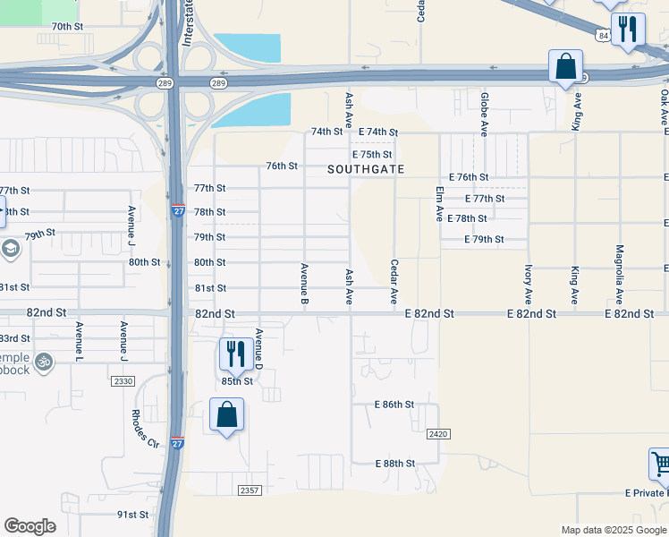 map of restaurants, bars, coffee shops, grocery stores, and more near 108 80th Street in Lubbock