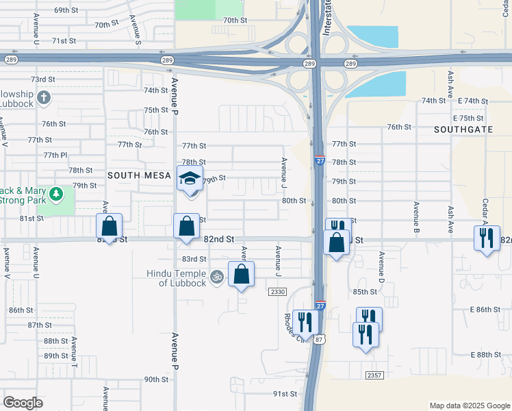 map of restaurants, bars, coffee shops, grocery stores, and more near 1128 80th Street in Lubbock