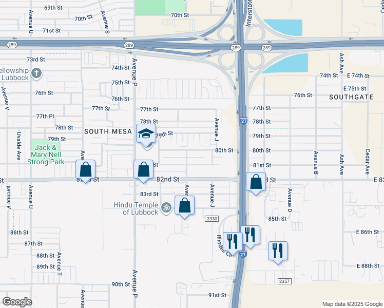 map of restaurants, bars, coffee shops, grocery stores, and more near 1128 80th Street in Lubbock