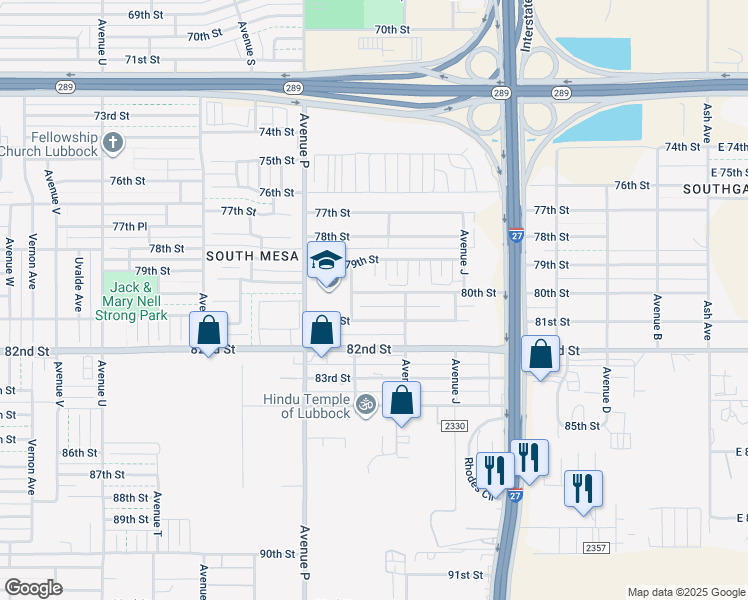 map of restaurants, bars, coffee shops, grocery stores, and more near 1316 80th Street in Lubbock