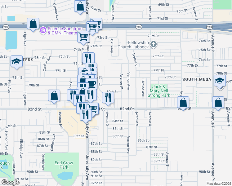 map of restaurants, bars, coffee shops, grocery stores, and more near 2308 80th Street in Lubbock