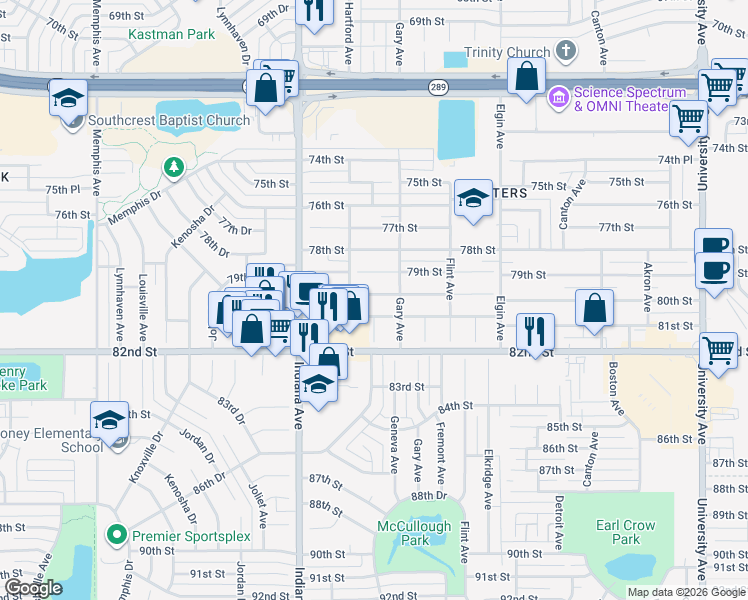 map of restaurants, bars, coffee shops, grocery stores, and more near 3208 80th Street in Lubbock