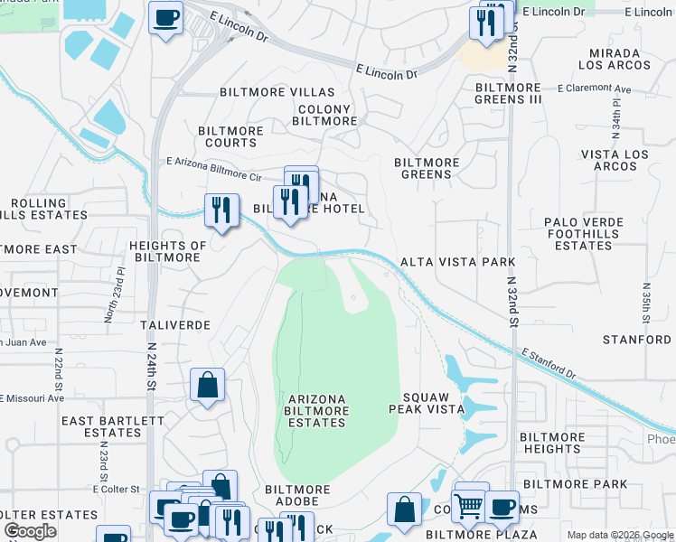map of restaurants, bars, coffee shops, grocery stores, and more near 2 Biltmore Estates Drive in Phoenix