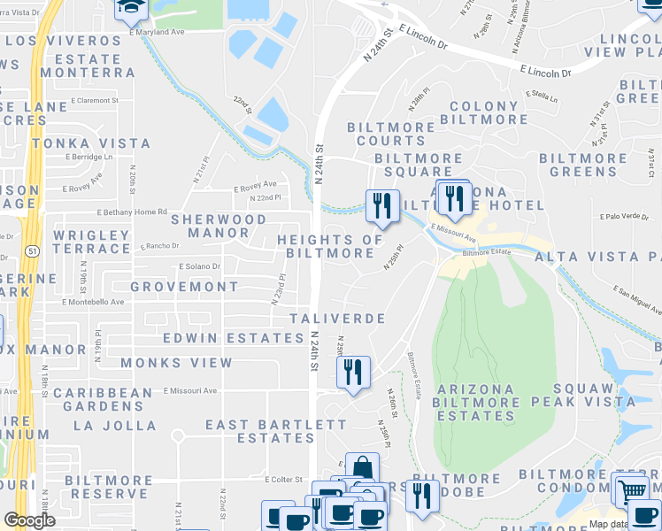 map of restaurants, bars, coffee shops, grocery stores, and more near 2424 East Rancho Drive in Phoenix