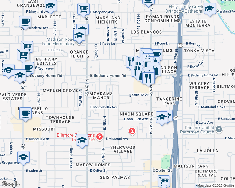 map of restaurants, bars, coffee shops, grocery stores, and more near 5801 North 14th Street in Phoenix