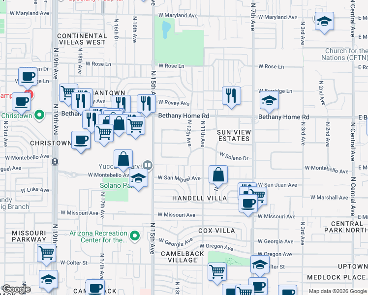 map of restaurants, bars, coffee shops, grocery stores, and more near 1226 West Rancho Drive in Phoenix