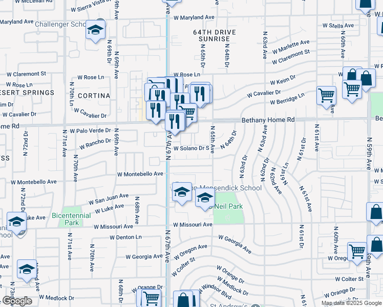 map of restaurants, bars, coffee shops, grocery stores, and more near 5801 North 67th Avenue in Glendale