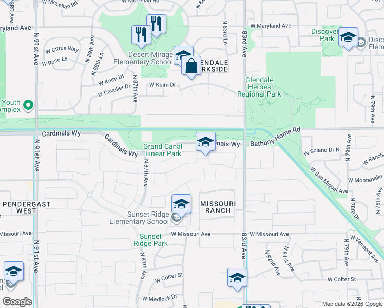 map of restaurants, bars, coffee shops, grocery stores, and more near 8506 West Palo Verde Drive in Glendale