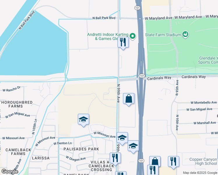 map of restaurants, bars, coffee shops, grocery stores, and more near West Bethany Home Road in Glendale