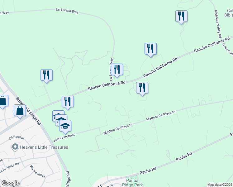map of restaurants, bars, coffee shops, grocery stores, and more near 41221 Van Tu Lane in Temecula