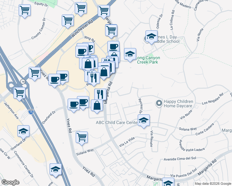 map of restaurants, bars, coffee shops, grocery stores, and more near 29436 Georgetown Lane in Temecula