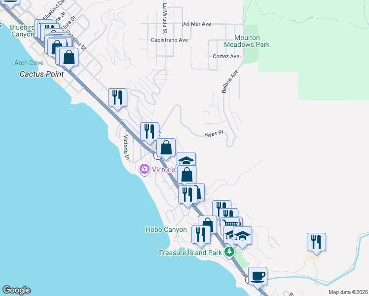 map of restaurants, bars, coffee shops, grocery stores, and more near 2920 Alexander Road in Laguna Beach