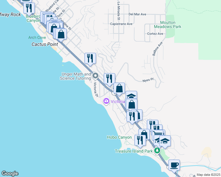 map of restaurants, bars, coffee shops, grocery stores, and more near 2770 Highland Way in Laguna Beach