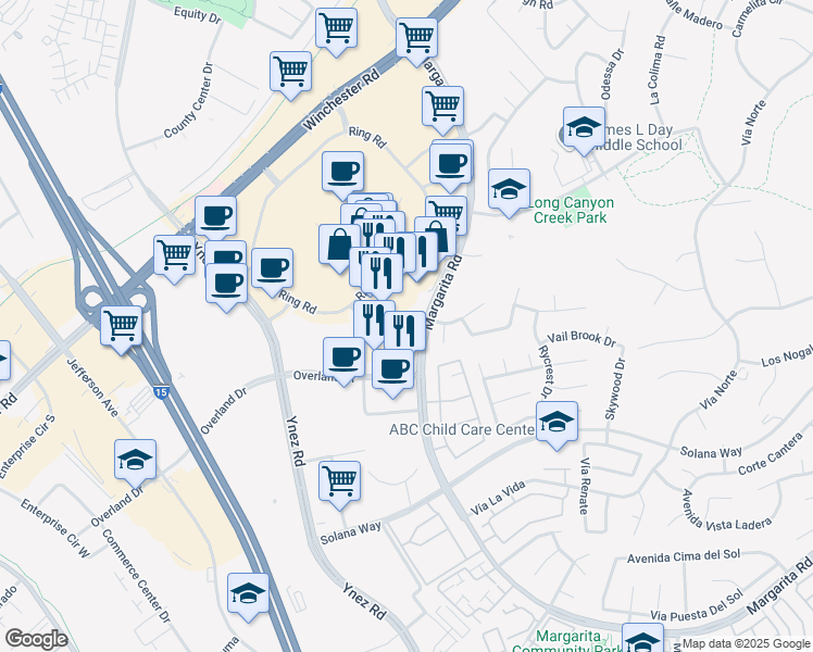 map of restaurants, bars, coffee shops, grocery stores, and more near 41607 Margarita Road in Temecula