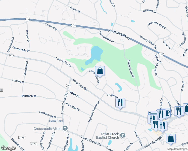 map of restaurants, bars, coffee shops, grocery stores, and more near 35 Cherry Hills Drive in Aiken