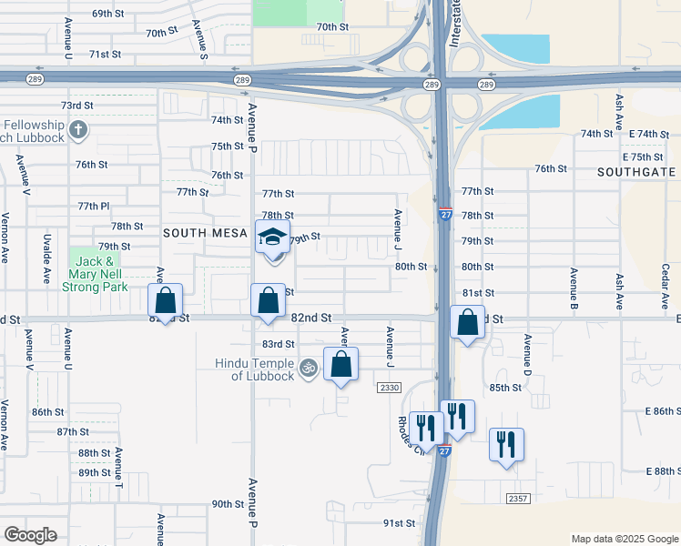 map of restaurants, bars, coffee shops, grocery stores, and more near 1301 80th Street in Lubbock