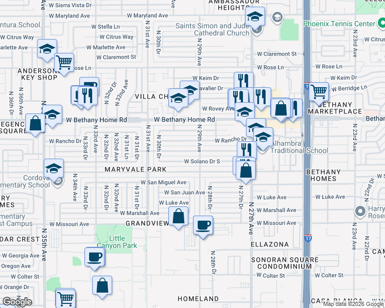 map of restaurants, bars, coffee shops, grocery stores, and more near 2920 West Solano Drive North in Phoenix