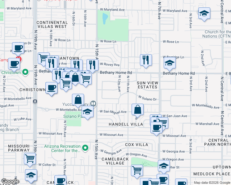 map of restaurants, bars, coffee shops, grocery stores, and more near 1226 West Rancho Drive in Phoenix
