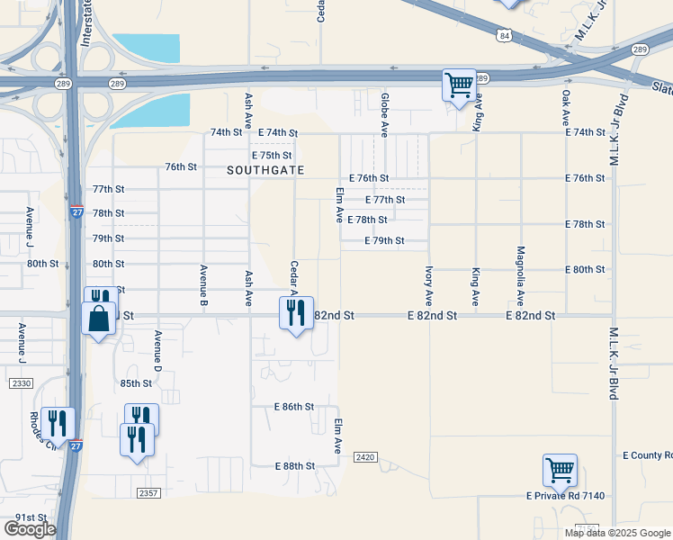 map of restaurants, bars, coffee shops, grocery stores, and more near 7602 Elm Ave in Lubbock