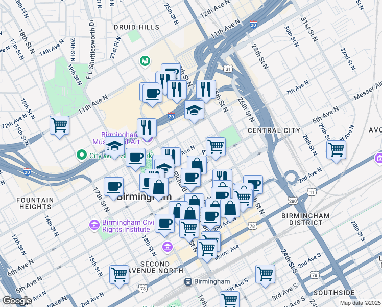 map of restaurants, bars, coffee shops, grocery stores, and more near 2200 Park Place in Birmingham