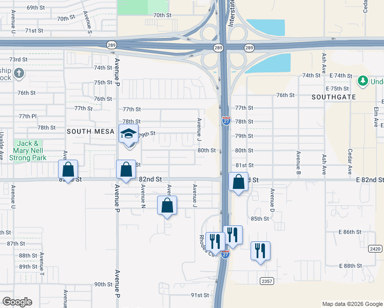 map of restaurants, bars, coffee shops, grocery stores, and more near 1110 80th Street in Lubbock