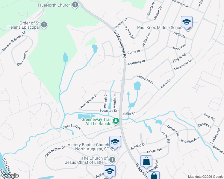 map of restaurants, bars, coffee shops, grocery stores, and more near 1448 Waccamaw Drive in North Augusta