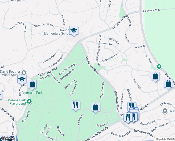 map of restaurants, bars, coffee shops, grocery stores, and more near 31515 Congressional Drive in Temecula