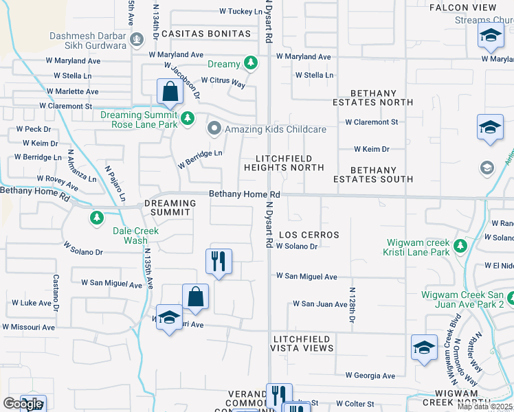 map of restaurants, bars, coffee shops, grocery stores, and more near 5921 North 131st Drive in Litchfield Park