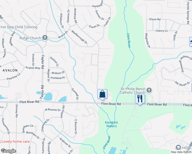 map of restaurants, bars, coffee shops, grocery stores, and more near 8520 Bowen Court in Jonesboro