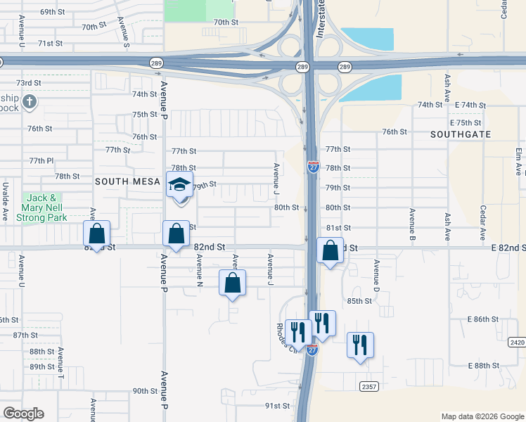 map of restaurants, bars, coffee shops, grocery stores, and more near 1110 80th Street in Lubbock