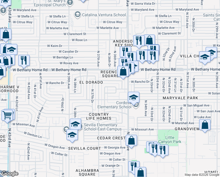 map of restaurants, bars, coffee shops, grocery stores, and more near 3622 West Rancho Drive in Phoenix