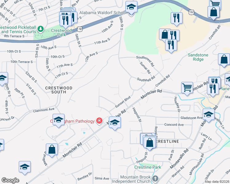 map of restaurants, bars, coffee shops, grocery stores, and more near 1340 Wilshire Drive in Birmingham