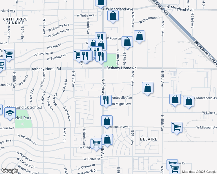 map of restaurants, bars, coffee shops, grocery stores, and more near 5755 North 59th Avenue in Glendale