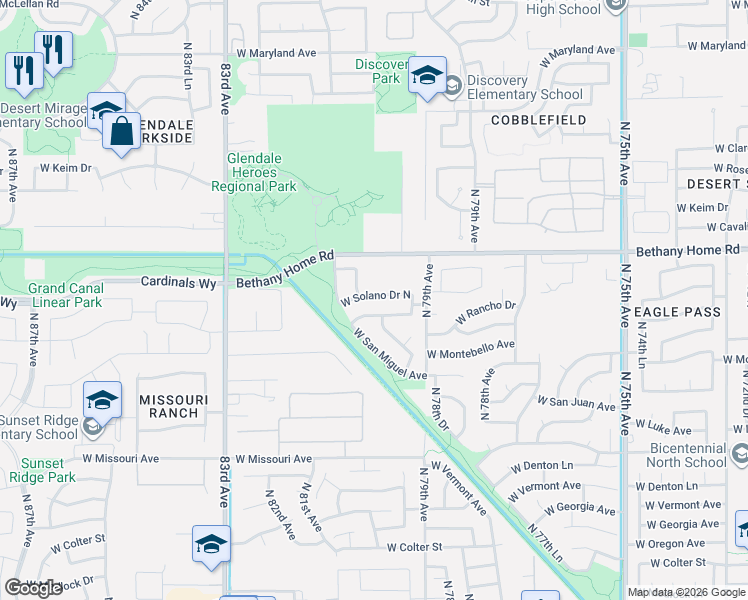 map of restaurants, bars, coffee shops, grocery stores, and more near 7989 West Solano Drive North in Glendale