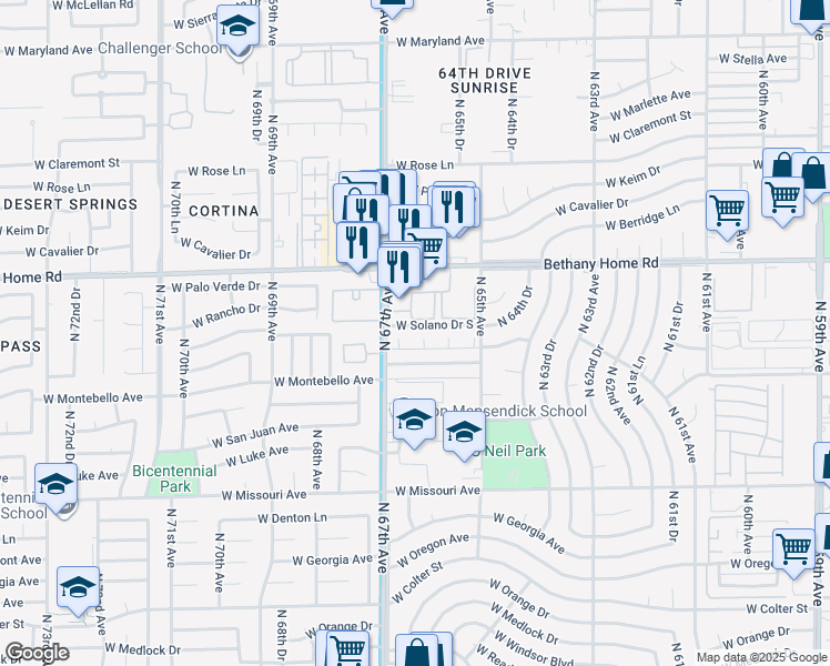 map of restaurants, bars, coffee shops, grocery stores, and more near 5701 North 67th Avenue in Glendale