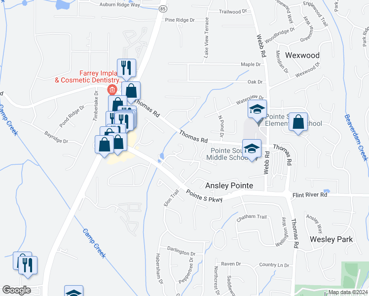 map of restaurants, bars, coffee shops, grocery stores, and more near 8579 Creekwood Way in Jonesboro