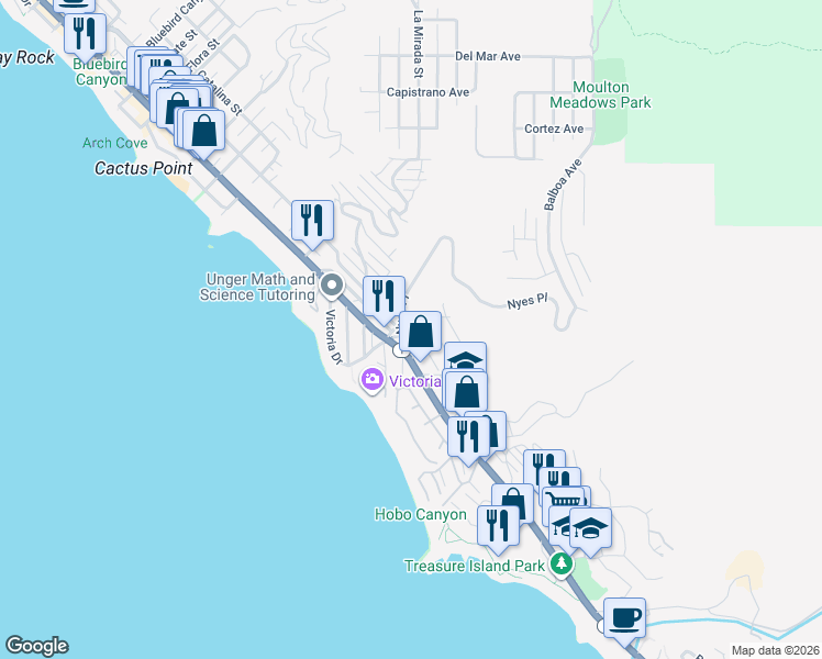 map of restaurants, bars, coffee shops, grocery stores, and more near 2841 Terry Road in Laguna Beach