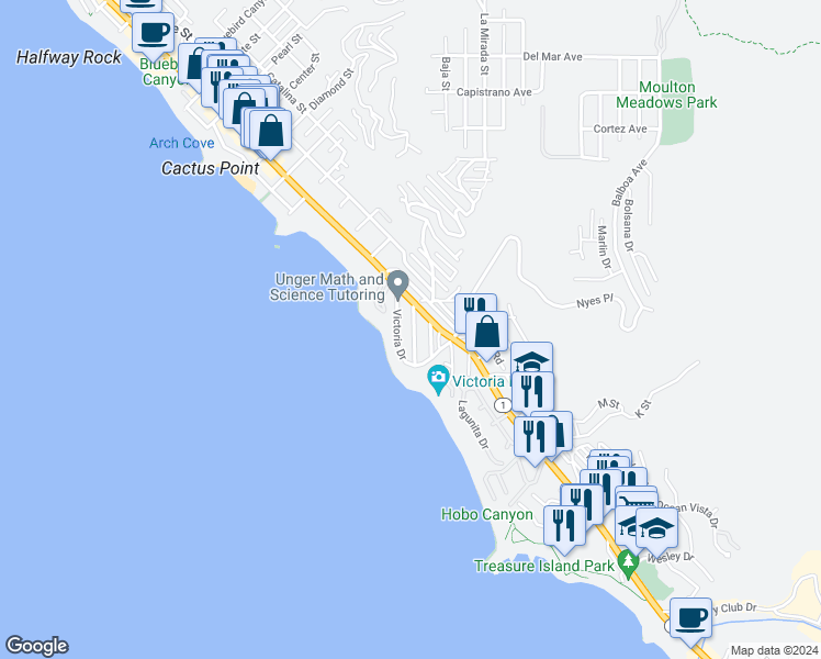 map of restaurants, bars, coffee shops, grocery stores, and more near 162 Sunset Terrace in Laguna Beach
